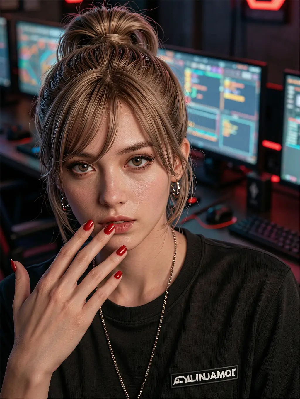 Fictional AI character with blonde hair and a headset, smiling under a soft overhead light