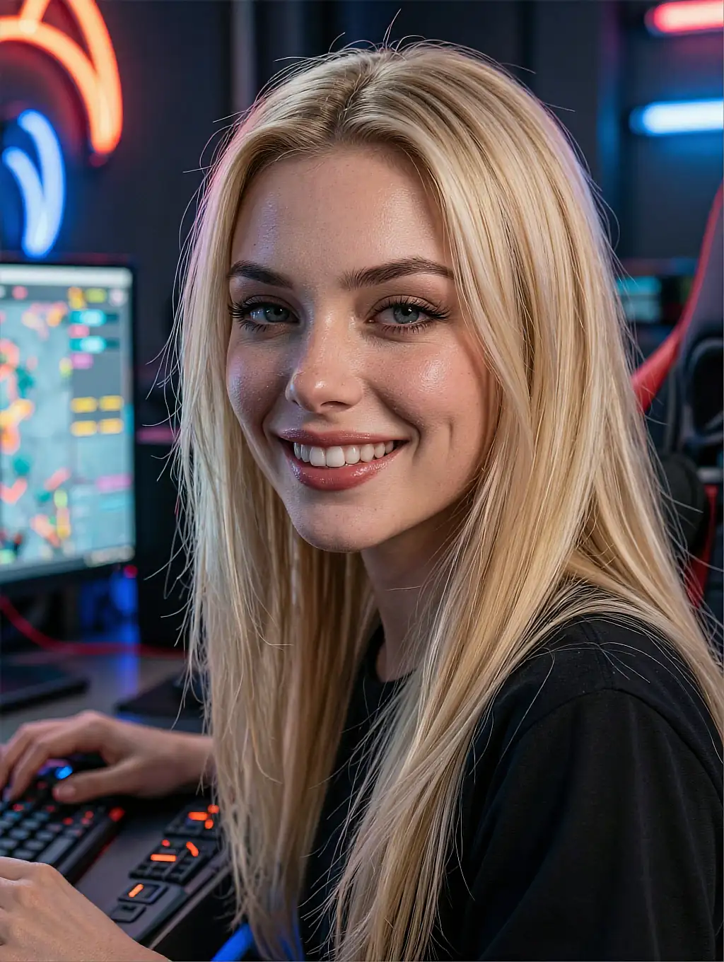 Fictional AI character with an updo and red nails against multi-monitor glow