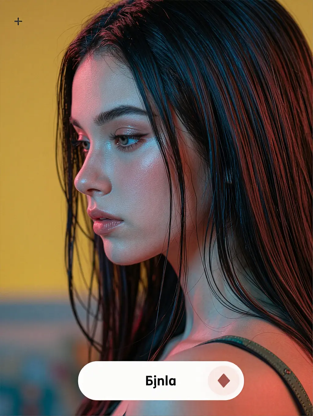 Fictional adult AI character in profile against a mustard wall under red and blue light