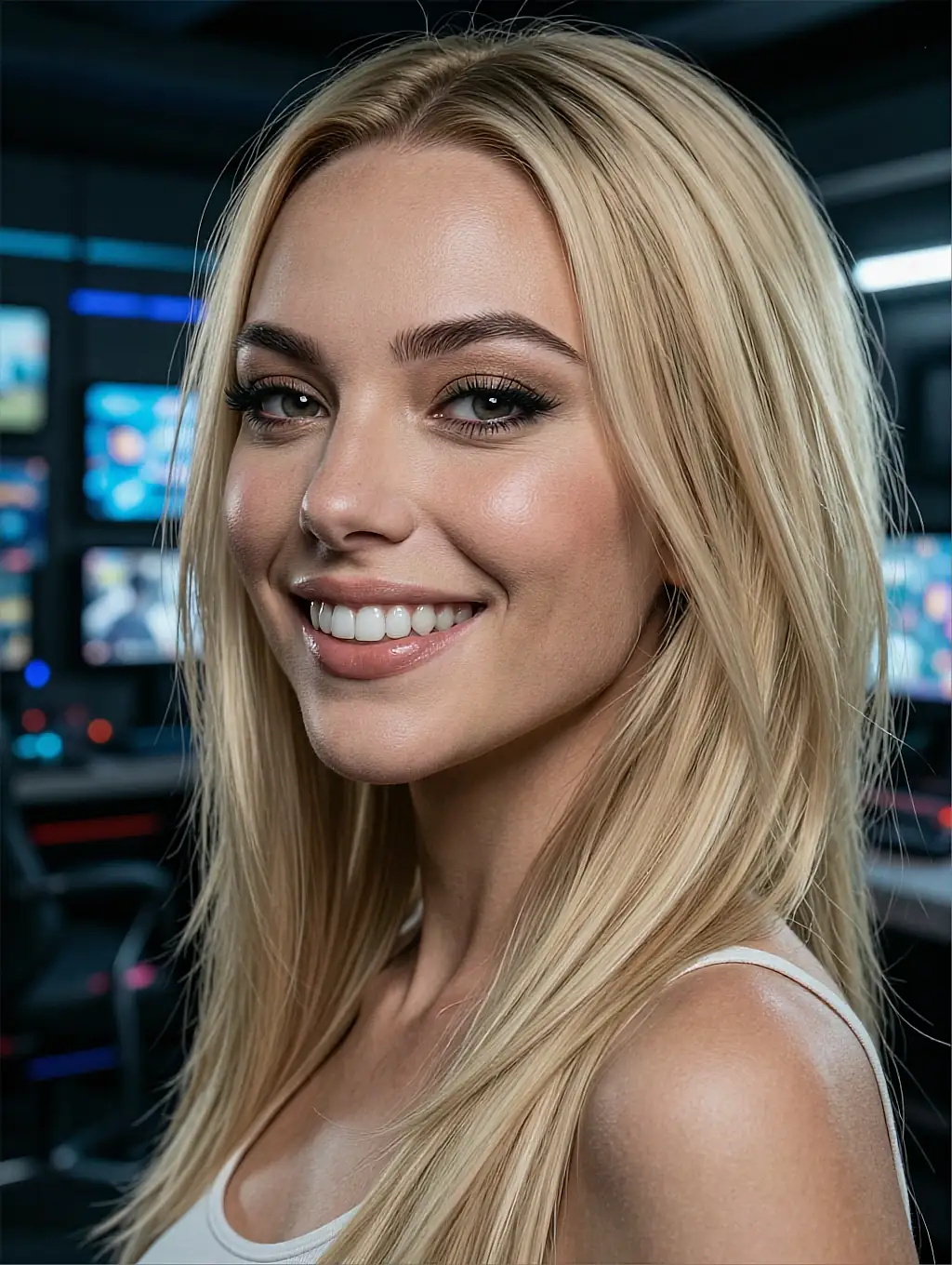 Fictional AI character with blonde hair smiling in front of blue control-room monitors