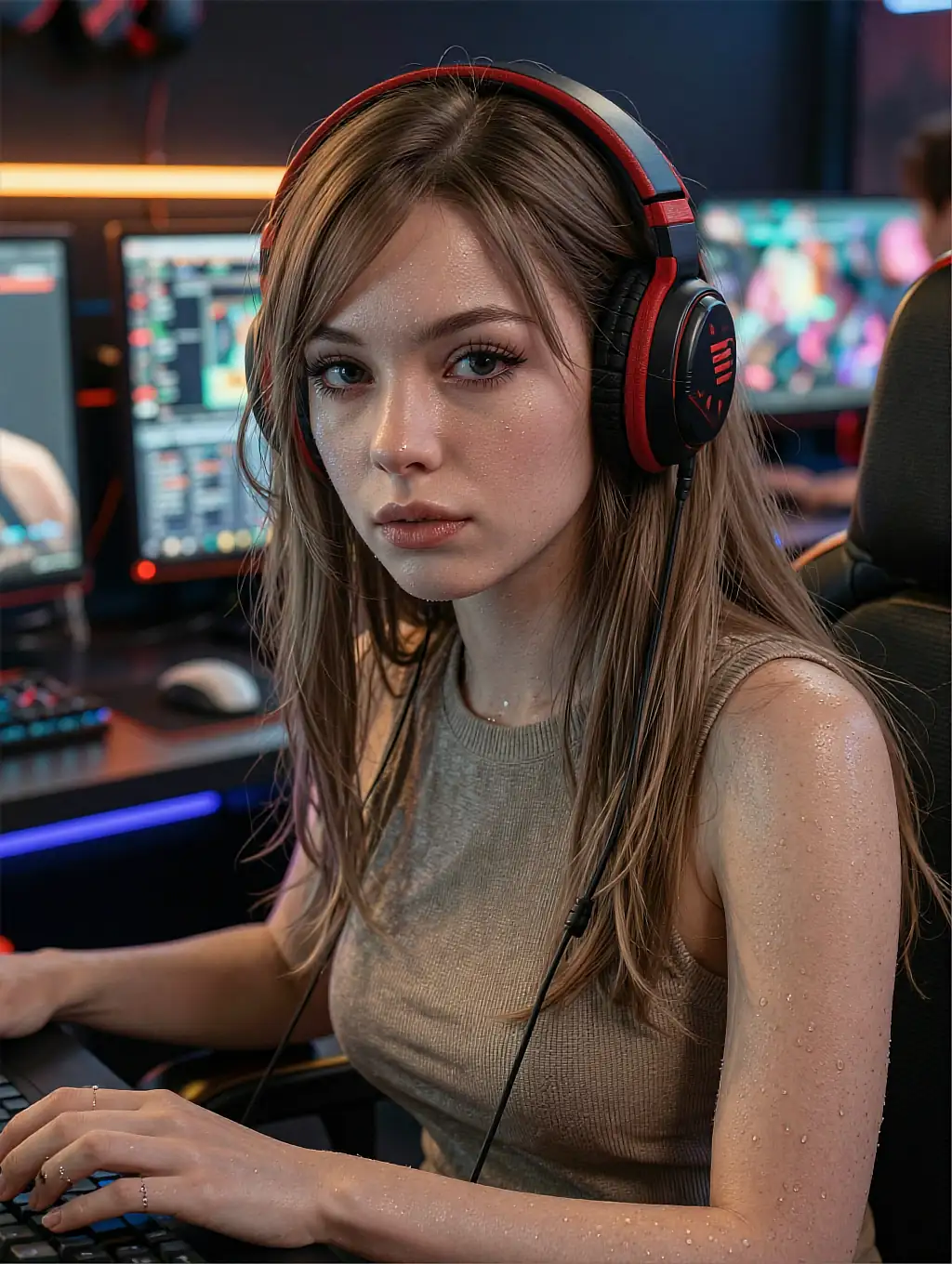 Fictional AI character in a red headset, leaning towards the camera during a call
