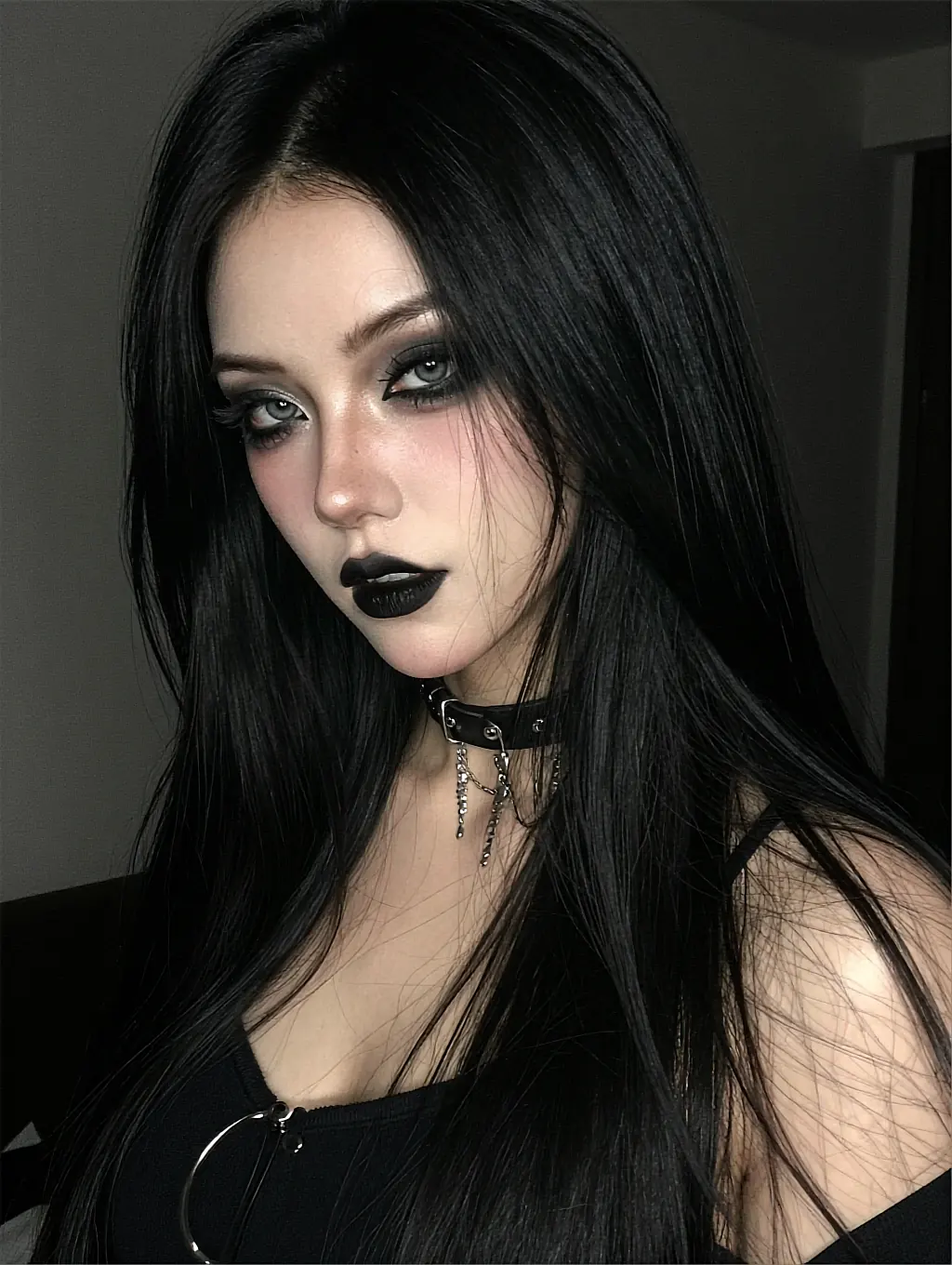 Fictional AI character with black hair and a studded choker under a hard side light