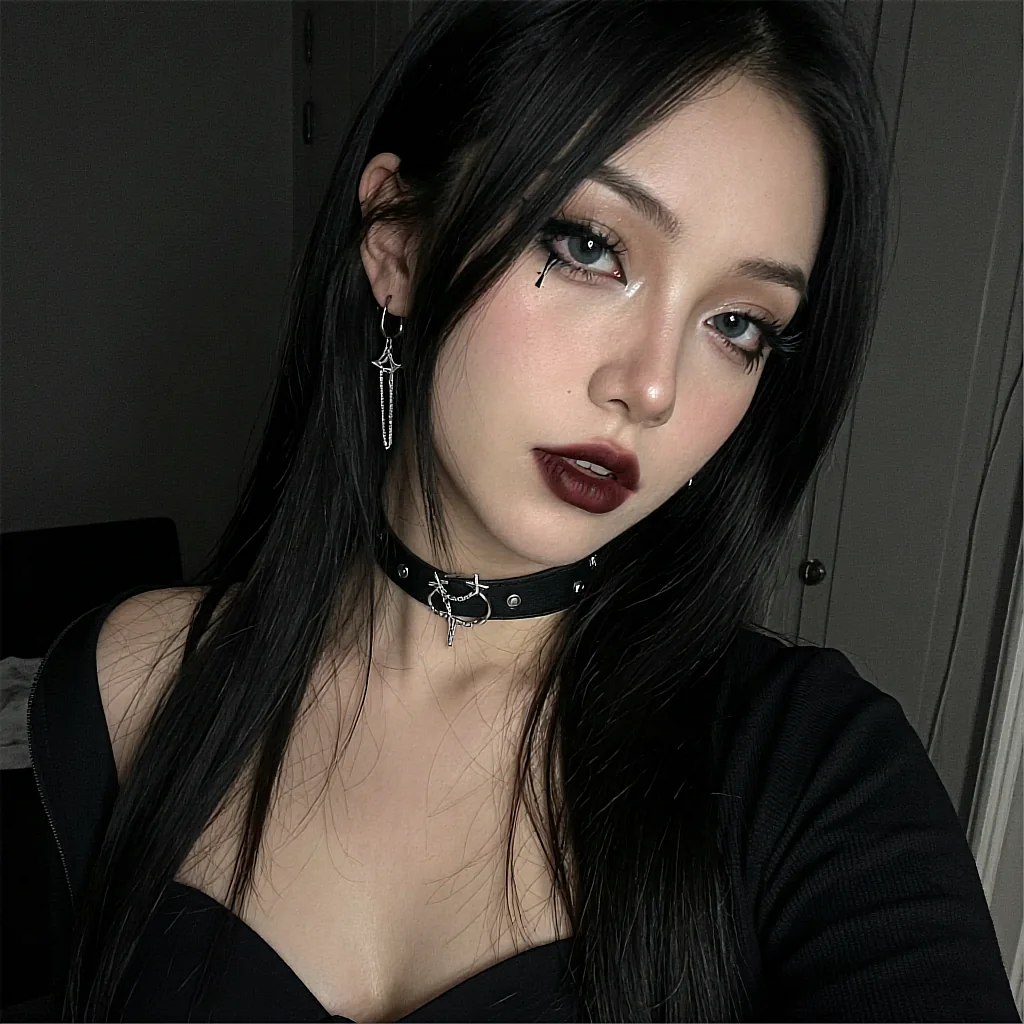 Fictional AI character with black hair and a cross choker, currently on the call