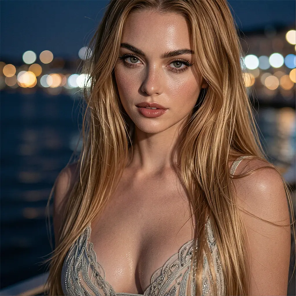 Fictional AI character with long honey-blonde hair at a waterfront, available to call