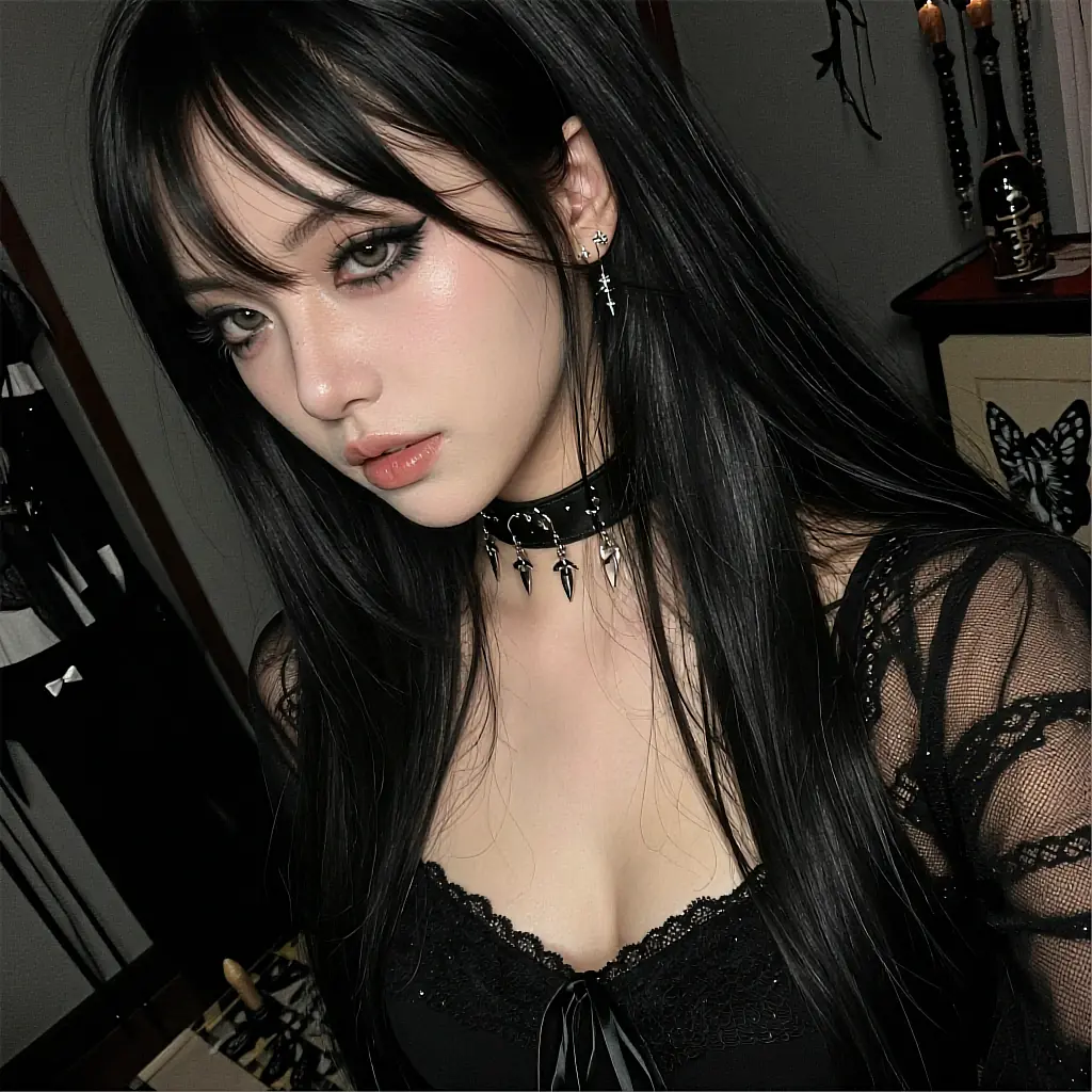 Fictional AI character with a fringe and a spiked choker, available to call