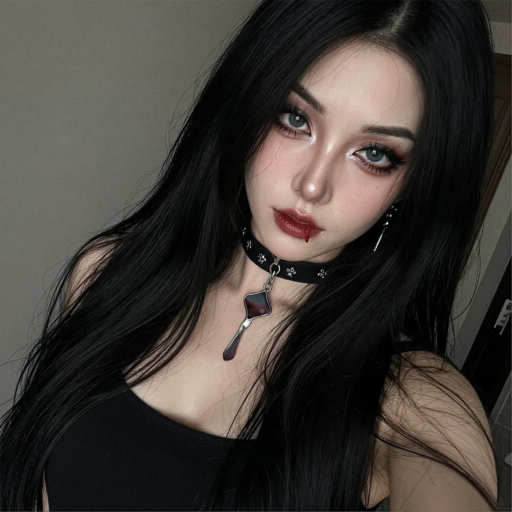 Fictional AI character with black hair and a pendant choker, available on the cast sheet