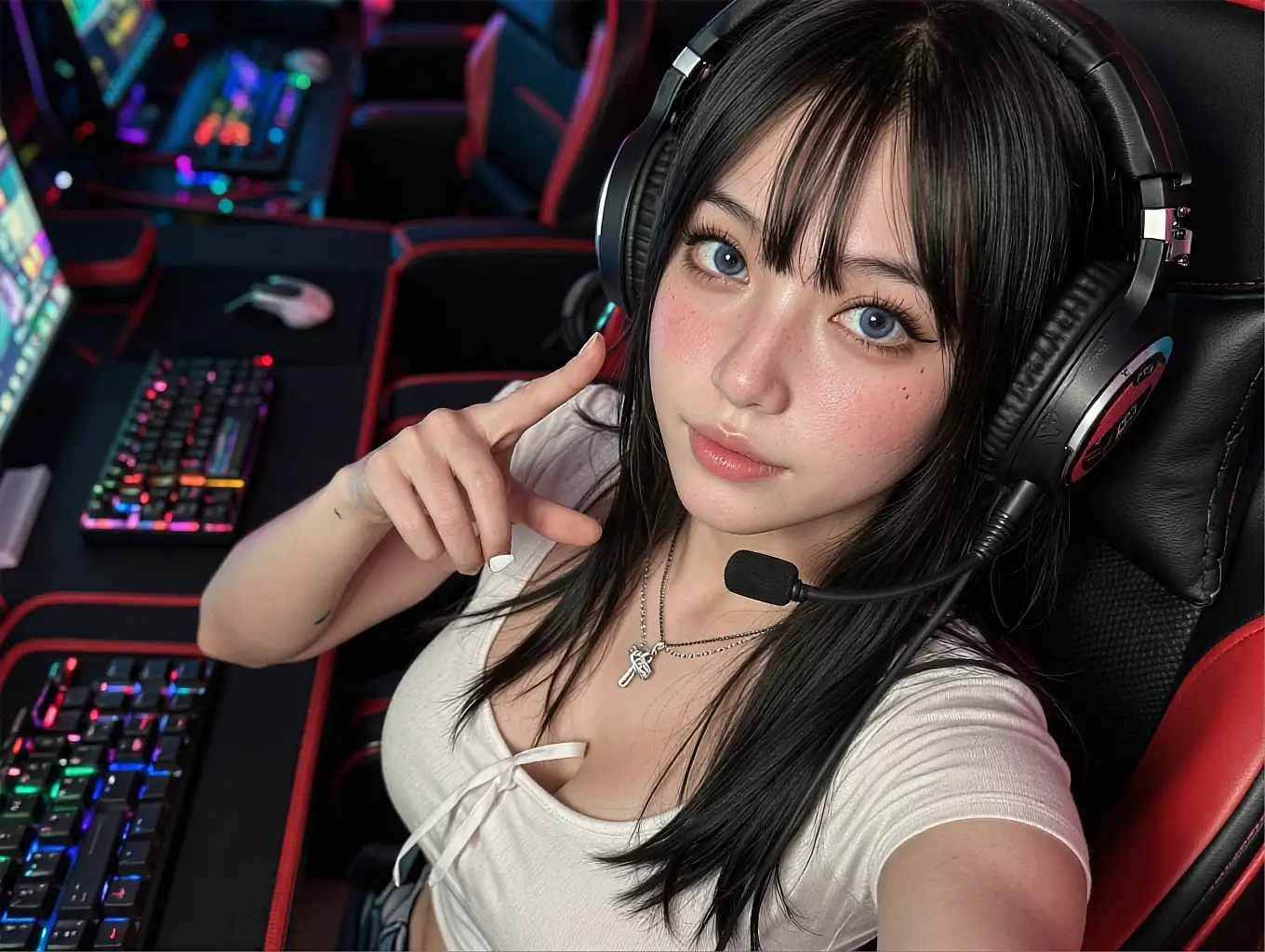 Fictional AI character with black hair and a headset mid-sentence at an RGB-lit desk